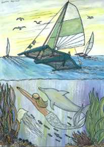 dessin d'un voilier accompagné par une sirène